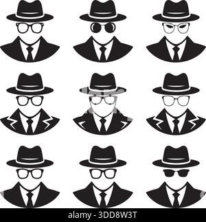 Silhouette Vector Detective homme chapeau lunettes costume Icons Set Illustration de Vecteur