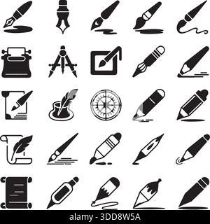 Silhouette Vector Pen Brush Compass Quill Icons Pack Illustration de Vecteur