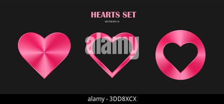 Un ensemble de badges en métal rose avec des coeurs noirs sur un fond sombre. Illustration de Vecteur