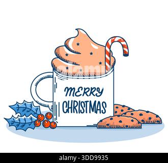 Tasse de Noël de lait de café fouetté et biscuits aux pépites de chocolat sucré et texte de vacances. Vector Blue Winter Chriistmas carte avec holly Berry rouge sur whi Illustration de Vecteur