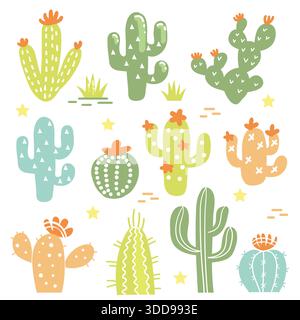 Ensemble de cactus isolé. Vecteur set couleur cactus, cactus, aloès dessiné à la main couleurs tendres illustration isolé sur blanc Illustration de Vecteur