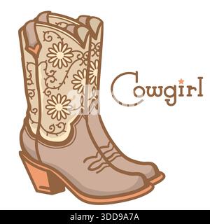 Bottes de cow-boy et chapeau WESTERN. Vector Cowgirl graphique illustration dessinée à la main rodéo vêtements de cowboy isolés sur blanc pour l'impression ou la conception Illustration de Vecteur