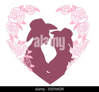 Couple d'amour dans des chapeaux de cow-boy embrassant rose décoration de cadre. Vecteur rose Happy Valentine Day illustration pour la conception isolé sur blanc. Illustration de Vecteur