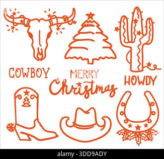 Icônes de Noël. Cowboy Merry Christmas Set avec texte typographique. Étiquettes de cow-boy vectorielles pour cartes de voeux ou bannières isolées sur blanc Illustration de Vecteur