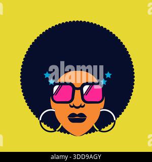 Coiffure rétro Disco femme des années 70. Vecteur silhouette de couleur vive femme portrait avec des lunettes de soleil rétro isolé sur blanc Illustration de Vecteur
