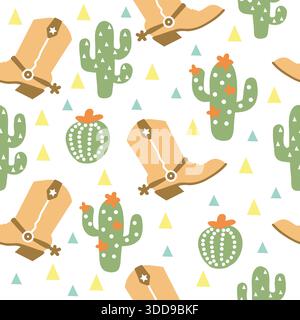 Illustration vectorielle de modèle sans couture WESTERN de cow-boy avec des bottes de cow-boy, chapeau de cow-boy, cactus et décoration de vache kull Illustration de Vecteur