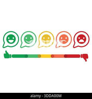 Sourires émotionnels. Évaluation de la satisfaction. Feedback sous forme d'émotions. Excellent, bon, normal, mauvais horrible. Illustration de Vecteur