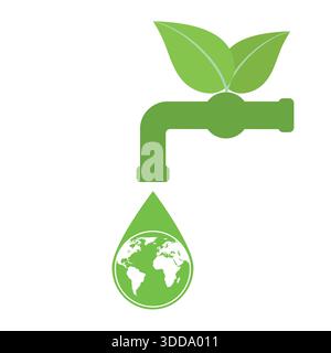Robinet vert avec une goutte d'eau avec un globe. Journée mondiale de l'environnement. Concept d'écologie. Illustration de Vecteur