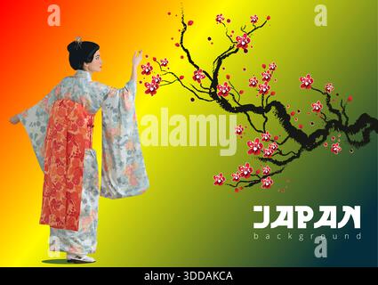 Geisha pose à côté d'un cerisier en fleurs sur un fond jaune et vert. Illustration dessinée à la main Illustration de Vecteur