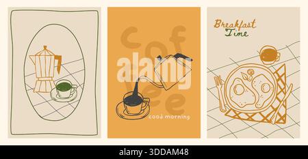 Café petit déjeuner doodle affiches dans le style croquis de crayon - pot de moka avec tasse sur la table, versant dans la tasse pour bonjour, œufs frits et expresso. Set d'icône de café pour la décoration d'art mural de menu ou de cuisine. Illustration de Vecteur