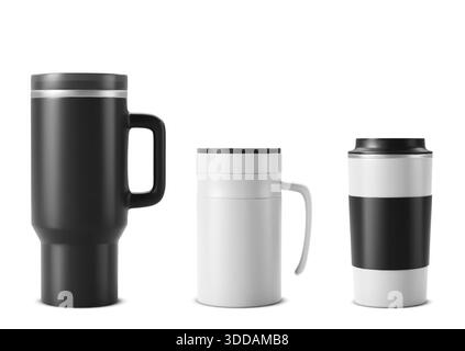 Ensemble maquette de gobelet avec motifs de tasse isotherme en noir et blanc. Collection de mug de voyage réaliste avec poignée et couvercle. Flacons thermos en acier inoxydable avec modèles de flacons réutilisables. Illustration de Vecteur