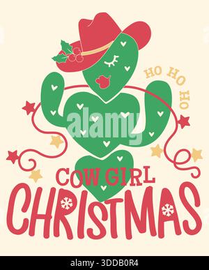 Carte imprimable vectorielle de Cowgirl christmass. Illustration vectorielle de cowgirl avec une usure de cactus vert abstrait dans un chapeau de cowboy et une décoration de baies houillères et Chr Illustration de Vecteur
