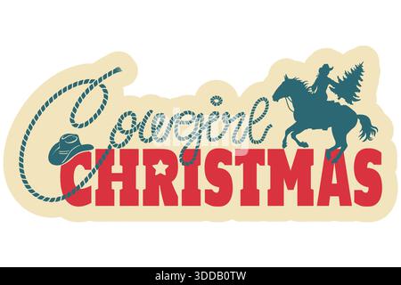 Illustration imprimable vectorielle de Noël de cowgirl pour la conception. Symbole de Noël silhouette de cowgirl et de cheval. Illustration de Vecteur
