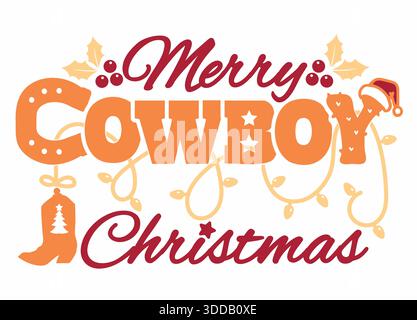 Vector Merry Cowboy Christmas illustration imprimable isolé sur blanc pour Design. WESTERN Holiday Design parfait pour ajouter un rustique, country-WESTERN Illustration de Vecteur