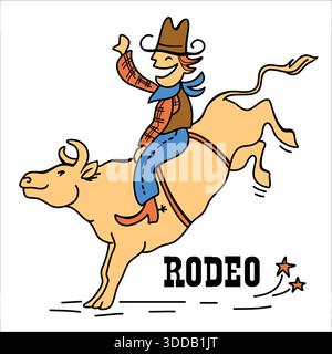 Illustration vectorielle de dessin animé Bull rider isolée sur blanc. Vecteur drôle de cowboy chevauchant un taureau avec du texte de rodéo Illustration de Vecteur
