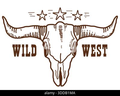 Symbole Wild West de crâne de buffle, stras et texte sur fond blanc. Illustration vectorielle dessinée à la main de l'état du Texas. Illustration de Vecteur