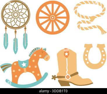 Bottes de cow-boy et chapeau WESTERN. Vector Cowgirl graphique illustration dessinée à la main rodéo vêtements de cowboy isolés sur blanc pour l'impression ou la conception Illustration de Vecteur