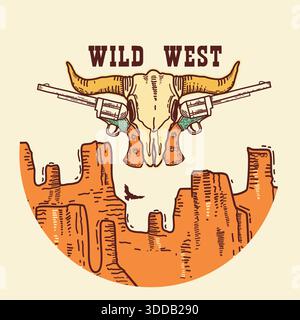 Symbole de vecteur Wild West avec crâne longhorn et canons occidentaux sur le désert américain. Illustration de logo vintage dessinée à la main avec coucher de soleil isolé sur w Illustration de Vecteur