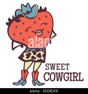 Illustration clipart vectorielle de fraise de cowgirl isolée sur blanc. Vector Cowntry mignonne fraise de cow-girl avec chapeau de cow-boy et bottes de cow-boy pour le décor ou Illustration de Vecteur