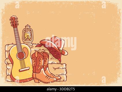 Fond de musique country avec guitare acoustique et bottes de cow-boy américain et chapeau de cow-boy sur paille et foin. Illustration de ferme de campagne de dessin de main de vecteur Illustration de Vecteur