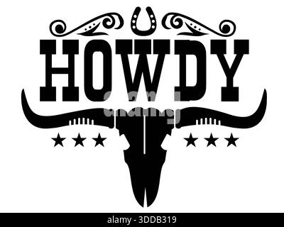 Illustration vectorielle de symbole de crâne de l'ouest sauvage pour l'impression ou la conception. Logo vectoriel avec crâne de taureau et texte Howdy pour t-shirt Illustration de Vecteur