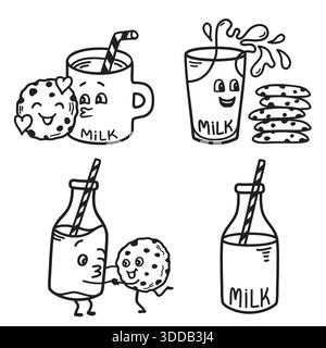 Biscuits de pépites de chocolat et illustration de jeu de vecteur de lait isolé sur blanc pour l'impression ou le desing. Les biscuits mignons aiment le verre de lait dans le style de bande dessinée. Amour Illustration de Vecteur