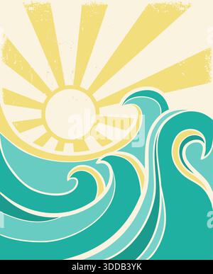 Affiche vintage des vagues de mer sur fond de texture de vieux papier pour l'impression ou la conception. Vecteur de contour de paysage marin abstrait grandes vagues bleues et soleil Illustration de Vecteur