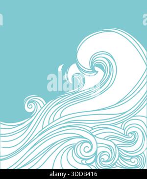 Affiche vintage des vagues de mer sur fond de texture de vieux papier pour l'impression ou la conception. Vecteur de contour de paysage marin abstrait grandes vagues bleues et soleil Illustration de Vecteur