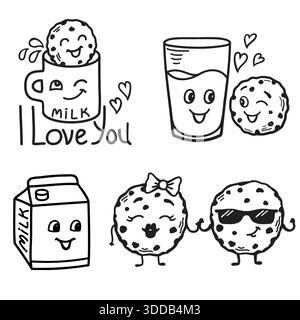 Biscuits de pépites de chocolat et faisceau de vecteur de lait illustration dessinée à la main isolé sur blanc pour l'impression ou le desing. Les biscuits mignons adorent le verre de lait en carto Illustration de Vecteur