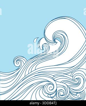 Affiche vintage des vagues de mer sur fond de texture de vieux papier pour l'impression ou la conception. Vecteur de contour de paysage marin abstrait grandes vagues bleues et soleil Illustration de Vecteur