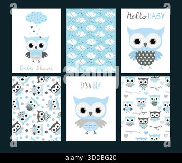 Modèles d'invitation de douche de bébé vecteur ou cartes de voeux avec des animaux chouettes mignons dans des couleurs bleues et grises pour les garçons Illustration de Vecteur