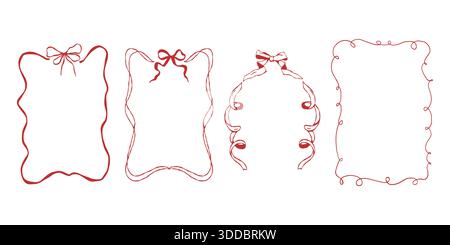 Un ensemble de cadres de contour vintage dessinés à la main : un cadre d'arc, un ruban et une bordure. Illustrations de style doodle avec un ornement décoratif rouge. Clipart vectoriel pour les vacances et les mariages, un cadre de ruban Illustration de Vecteur
