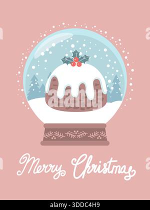 Illustration manuelle de vecteur de carte de Noël confortable avec boule à neige traditionnelle de pudding de Noël surmontée de baies de houx et de lettrage de texte de vacances. S Illustration de Vecteur
