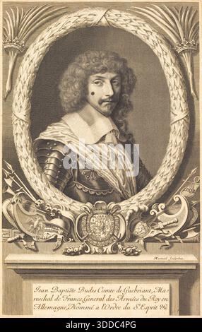 Portrait historique gravé de Jean Baptiste Budes, comte de Guébriant, maréchal de France, daté de 1655, représenté en armure militaire dans un cadre décoratif élaboré. Gravure de Robert Nanteuil. Banque D'Images