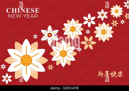 Nouvel an chinois. Texture d'art de ligne d'or de fleur de pivoine orientale sur fond rouge. Illustration de conception pour papier peint, carte, affiche, emballage, Adversi Illustration de Vecteur