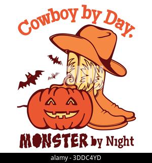 Illustration vectorielle Cowboy halloween avec citrouille dans le chapeau de cow-boy et rodéo fantôme d'halloween Illustration de Vecteur