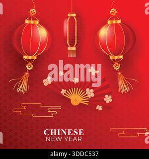 Nouvel an chinois, année du cheval, zodiaque. Modèle de bannière du nouvel an chinois avec des fleurs, des nuages et des motifs traditionnels. Style minimaliste. Vecto Illustration de Vecteur