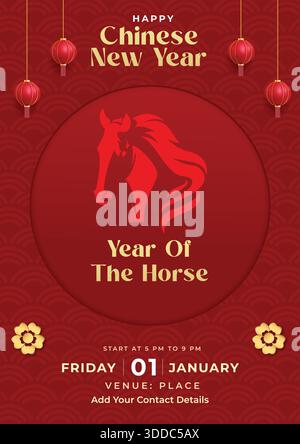 Nouvel an chinois 2026 année du cheval. Modèle de conception pour illustrations festives, cartes de vœux et bannières. (Traduction chinoise : Happy chinese n Illustration de Vecteur