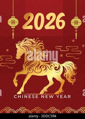 Hinese nouvel an 2026 , année du cheval 2026 , dessin au trait , contour , linéaire simple (traduire : nouvel an chinois ) Illustration de Vecteur