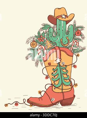 Cowboy Christmas avec botte de Cowboy et lumières de Noël décoration de vacances sur fond vintage de texture d'affiche ancienne. Illustration de Vecteur