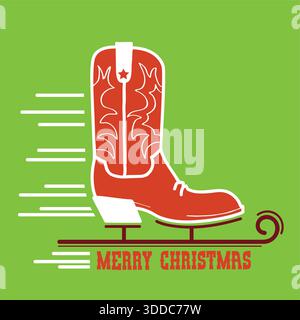 Cowboy Christmas avec botte de Cowboy et lumières de Noël décoration de vacances sur fond vintage de texture d'affiche ancienne. Illustration de Vecteur