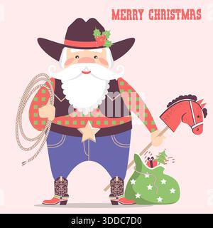 Cowboy Christmas avec botte de Cowboy et lumières de Noël décoration de vacances sur fond vintage de texture d'affiche ancienne. Illustration de Vecteur