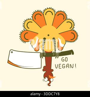 Allez vegan. Oiseau de dinde de Thanksgiving assis sur une hache. Illustration de couleur vectorielle Illustration de Vecteur