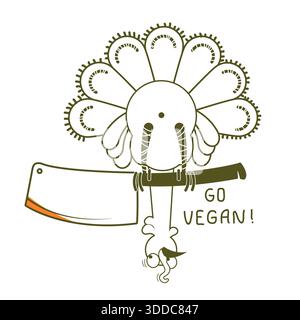 Allez vegan. Oiseau de dinde de Thanksgiving assis sur une hache. Illustration vectorielle isolée sur blanc Illustration de Vecteur