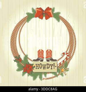 Cowboy Christmas avec botte de Cowboy et lumières de Noël décoration de vacances sur fond vintage de texture d'affiche ancienne. Illustration de Vecteur