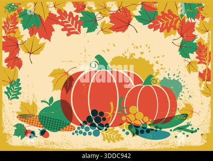 Illustration vintage du festival des récoltes d'automne avec des légumes d'automne. Affiche en papier de l'automne de Thanksgiving Illustration de Vecteur