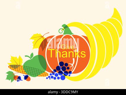 Joyeux jour de Thanksgiving avec Cornucopia et citrouille et récolte d'automne.illustration d'affiche de vacances de saison de vecteur Illustration de Vecteur
