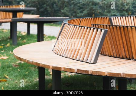 Banc incurvé moderne avec lattes en bois et cadre en métal, situé sur l'herbe verte dans un parc public, invitant à la détente Banque D'Images