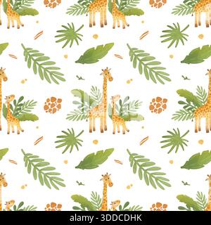 Modèle sans couture : girafes de mère et d'enfant, feuilles tropicales, ornement ethnique. Illustration de dessin animé dans un style plat. Aquarelle, pastel, gouache Banque D'Images