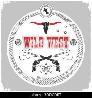 wild west étiquette avec pistolets et cow-boy decotarion isolé sur blanc. Illustration de Vecteur